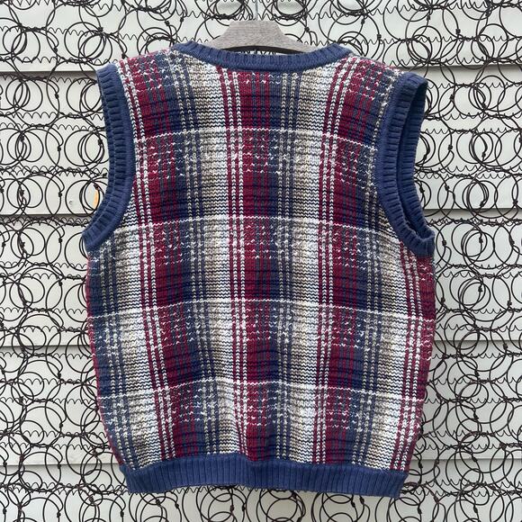 Vintage 90s Northern Reflections Plaid Knit Navy Maroon Beige Sweater Vest MED - Picture 2 of 5